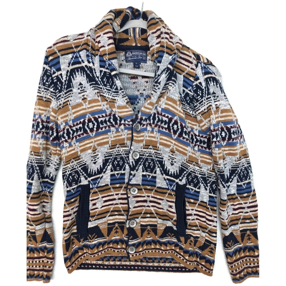 American Rag Sweater Mens Small Multicolor Aztec Shawl Collar Cardigan Knit